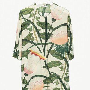 Hermes Cream & Green Silk Floral Buttoned Blouse